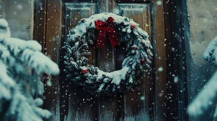 Wall Mural - A Christmas wreath covered in snow, hanging on a wooden door with frosted glass panel