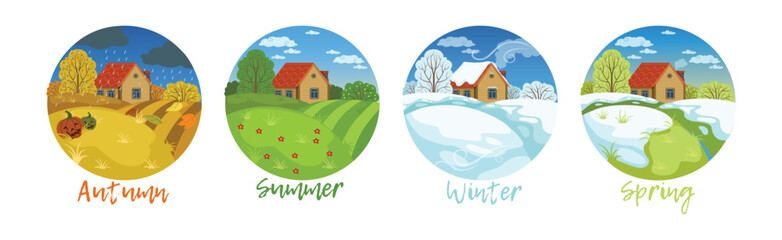 Poster - Season Weather Scene and View in Round Vector Set