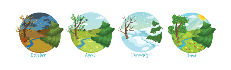 Poster - Season Weather Scene and View in Round Vector Set