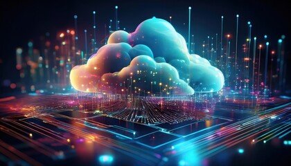 Poster - A vibrant digital cloud surrounded by luminous data streams, representing cloud computing and technology in a futuristic style.