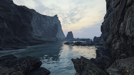 Wall Mural - Misty Dawn on Rocky Coastline: Photorealistic Ocean Views with Dramatic Cliffs and Reflections on Tide Pools