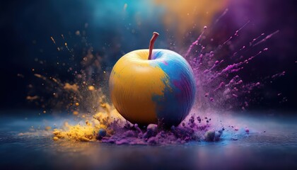 Poster - A vibrant, colorful apple surrounded by splashes of paint creates a striking visual effect against a dark background.