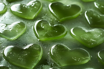 Matcha tea with floating heart-shaped ice chunks on the surface of the tea