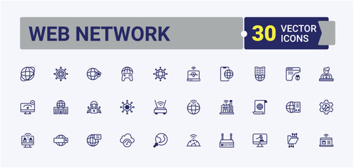 Poster - Web Network icons. Includes icons for access, Internet, connection, computing, server, social, networking, information and more. Minimal linear icons. Vector outline and solid icons collection.