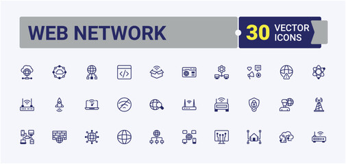 Poster - Web Network icons. Includes icons for access, Internet, connection, computing, server, social, networking, information and more. Minimal linear icons. Vector outline and solid icons collection.
