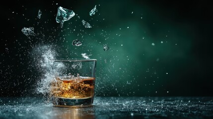 Poster - An artistic portrayal of a glass filled with whiskey shattering as it hits the surface, creating a dynamic splash that captures the essence of motion and energy in a still image.