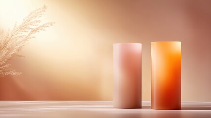 Aufkleber - A stylish arrangement of two abstract cylinders in shades of pink and orange, evoking feelings of warmth and creativity against a softly lit background.