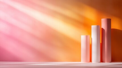 Poster - Three pastel cylinders gradually increasing in height, casting soft shadows, creating a harmonious visual that conveys elegance and modern design.