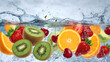 © Janos - A vibrant splash of assorted fruits including strawberries, oranges, kiwis, cherries, and green apples, creating a refreshing and colorful scene.