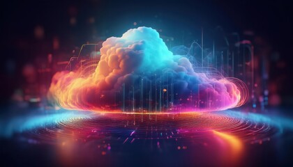Poster - A vibrant, digital cloud surrounded by glowing patterns, representing technology and data in a futuristic atmosphere.
