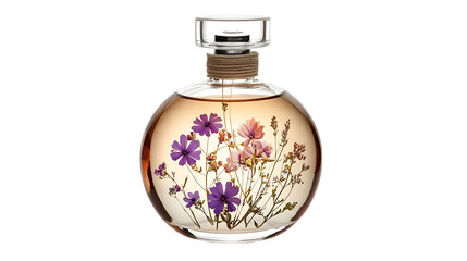 Poster - A round glass perfume bottle with floral designs inside.