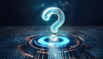 Poster - A glowing digital question mark hovers above a circuit-like surface, symbolizing curiosity and technology in a futuristic setting.