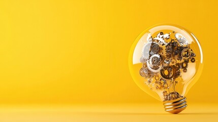 Poster - An imaginative representation of a light bulb filled with intricate gears, symbolizing creativity, innovation, and the fusion of ideas and machinery in a vibrant yellow backdrop.
