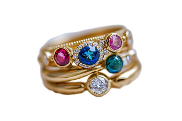 Poster - A set of elegant gold rings adorned with colorful gemstones and diamonds.