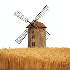 traditional wooden windmill surrounded by golden wheat fields, white isolated background.