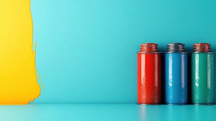 Aufkleber - Three paint cans in red, blue, and silver rest against a bright aqua background, showcasing vibrant colors ready for artistic projects and creative endeavors.