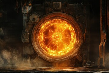 Wall Mural - Ancient fiery portal within a dark stone structure