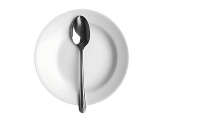 Poster - A simple white plate with a shiny spoon resting on it, ready for a meal.