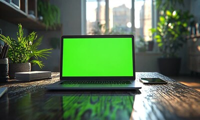 Poster - Laptop with green screen in bright, plant-filled room