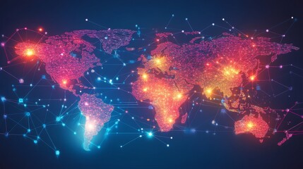 Leinwandbilder - A vibrant, digital world map featuring glowing connections, symbolizing global communication and data exchange.