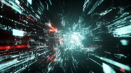 Aufkleber - A futuristic, abstract representation of data streams, featuring bright red and green lights moving rapidly through a dark digital space.