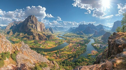 Wall Mural - Mountains, valley, river views with blue sky and sunlight, for nature scene.