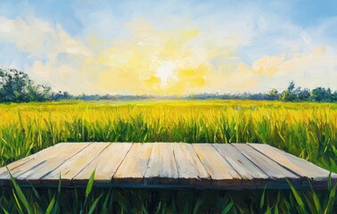 Wall Mural - The wooden tabletop is set against the backdrop of an open rice field with green grass and blue sky, with the sunset light shining on it. The sun shines brightly in front of you