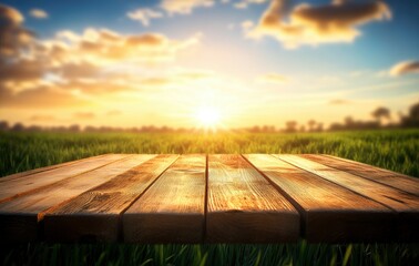 Wall Mural - The wooden tabletop is set against the backdrop of an open rice field with green grass and blue sky, with the sunset light shining on it. The sun shines brightly in front of you