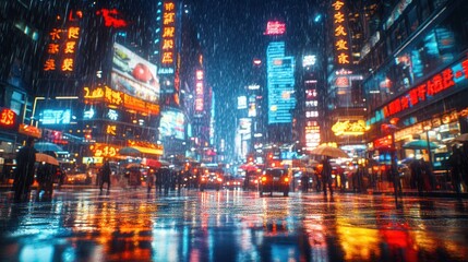 Poster - Rainy urban scene with neon lights and people