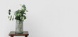 © Pixel-Shot - Vase with eucalyptus on wooden stool near light wall