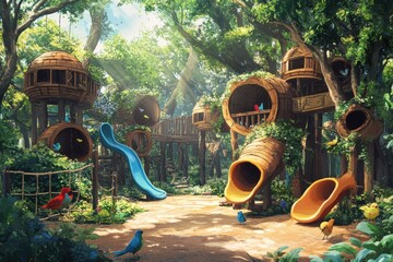 Wall Mural - Enchanting Treetop Playground Birds and Slides