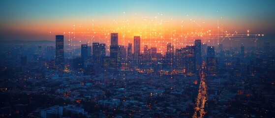 Poster - Urban skyline at sunset with digital overlay effects