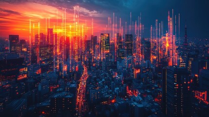 Poster - Futuristic cityscape at sunset with digital overlays