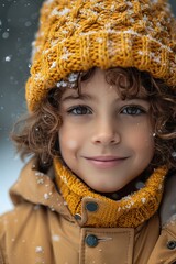 Wall Mural - 20-year-old male model in a winter setting, smiling and highlighting a luxurious down hat, perfect for a minimalist banner advertisement, snowy background 