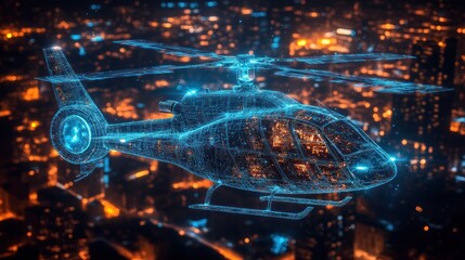 Poster - Holographic helicopter flying over cityscape at night