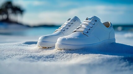 Two white shoes are on a beach