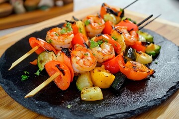 Wall Mural - Grilled shrimp skewers with colorful vegetables served on dark slate plate