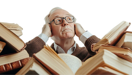 Poster - A thoughtful elderly man surrounded by books, conveying contemplation and knowledge.