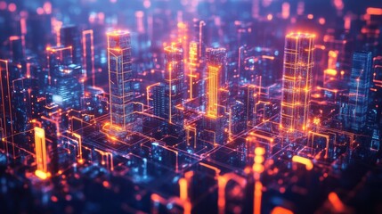 Poster - Futuristic Cityscape with Neon Lights and Digital Elements