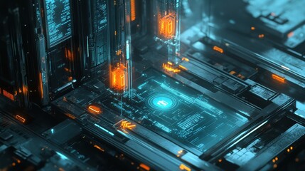 Poster - Futuristic Digital Technology Interface with Vibrant Neon Colors
