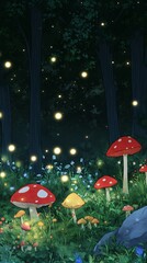 Wall Mural - Enchanted Forest Scene with Magical Mushrooms and Fireflies at Night