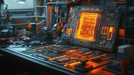 Poster - Futuristic circuit board with glowing elements