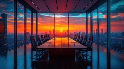 Poster - Modern boardroom with sunset view over city skyline