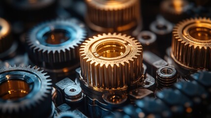 Poster - Closeup of intricate metallic gears in machinery
