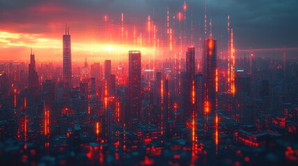 Poster - Futuristic cityscape with glowing data streams at sunset