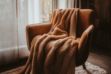 Wall Mural - A cozy corner featuring fuzzy blankets draped over a stylish armchair, perfect for inspiring cozy home ideas in the interior of the house.