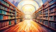 © FCEalin  - A watercolor library with endless shelves stretching into a dreamy horizon with empty copy space