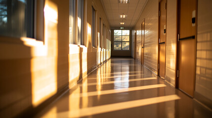 Poster - Morning sunlight illuminates a quiet school hallway in a peaceful atmosphere