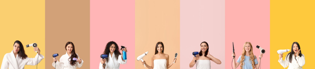 Wall Mural - Set of young women with hair dryers on color background