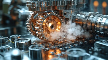 Poster - Closeup of mechanical gears with steam and light effects